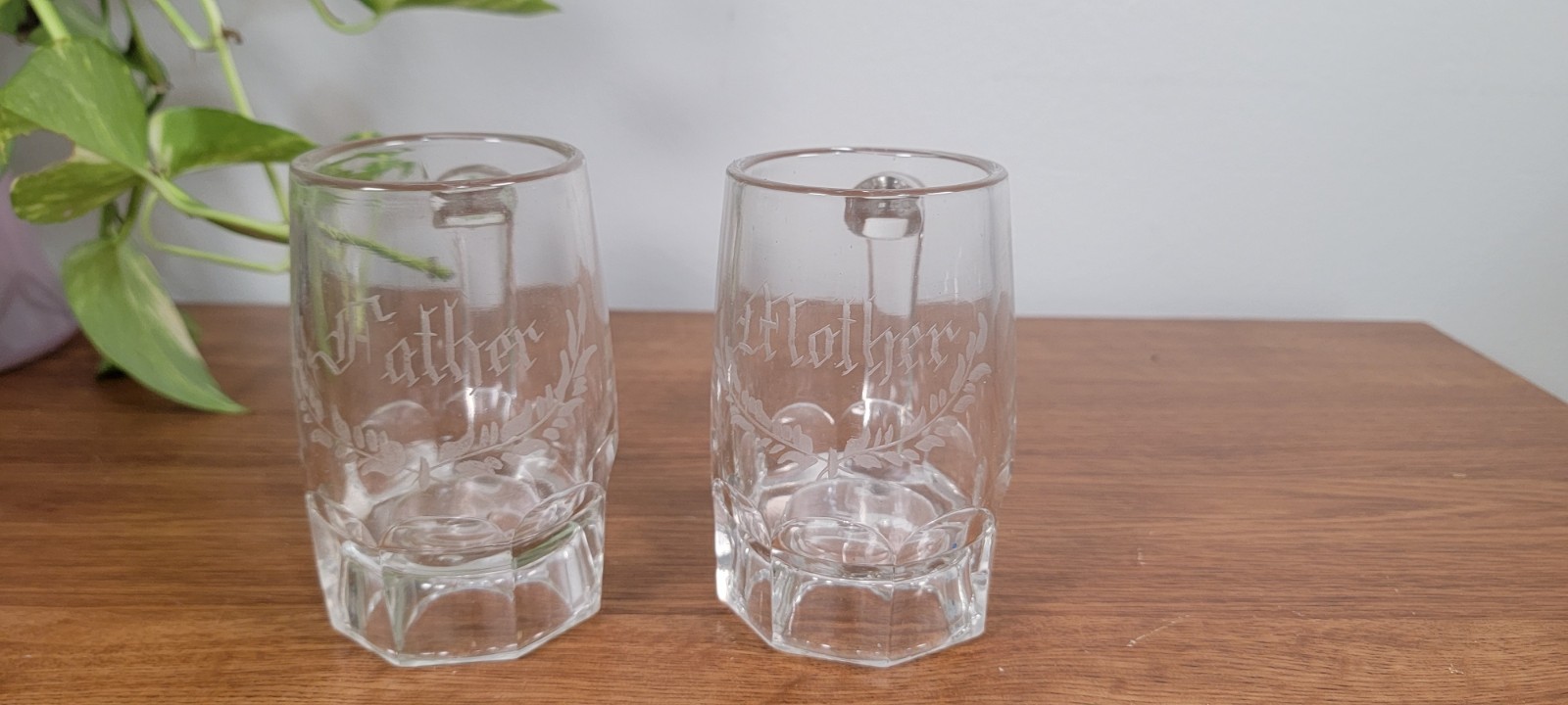 Vintage Etched Mini Beer Mugs / Shot Glasses - Mother & Father Set (Pair)
