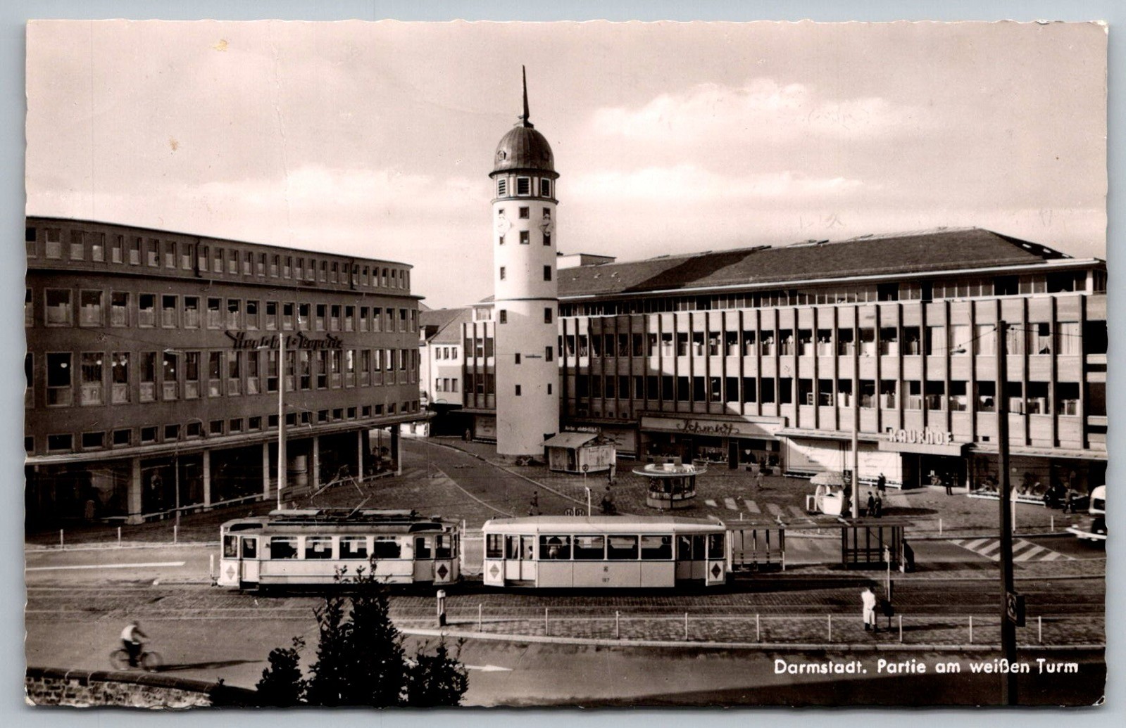 Darmstadt RPPC Germany White Tower Street Scene Tram c1950s Real Photo Postcard