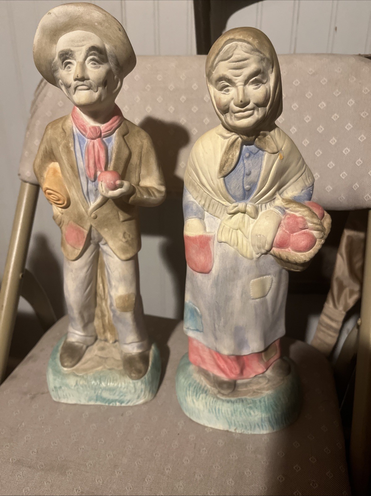 Vintage 14 Inch Ceramic Elderly Couple Figurines Farm Theme Vintage 14 Inch Ceramic Elderly Couple Figurines Farm Theme