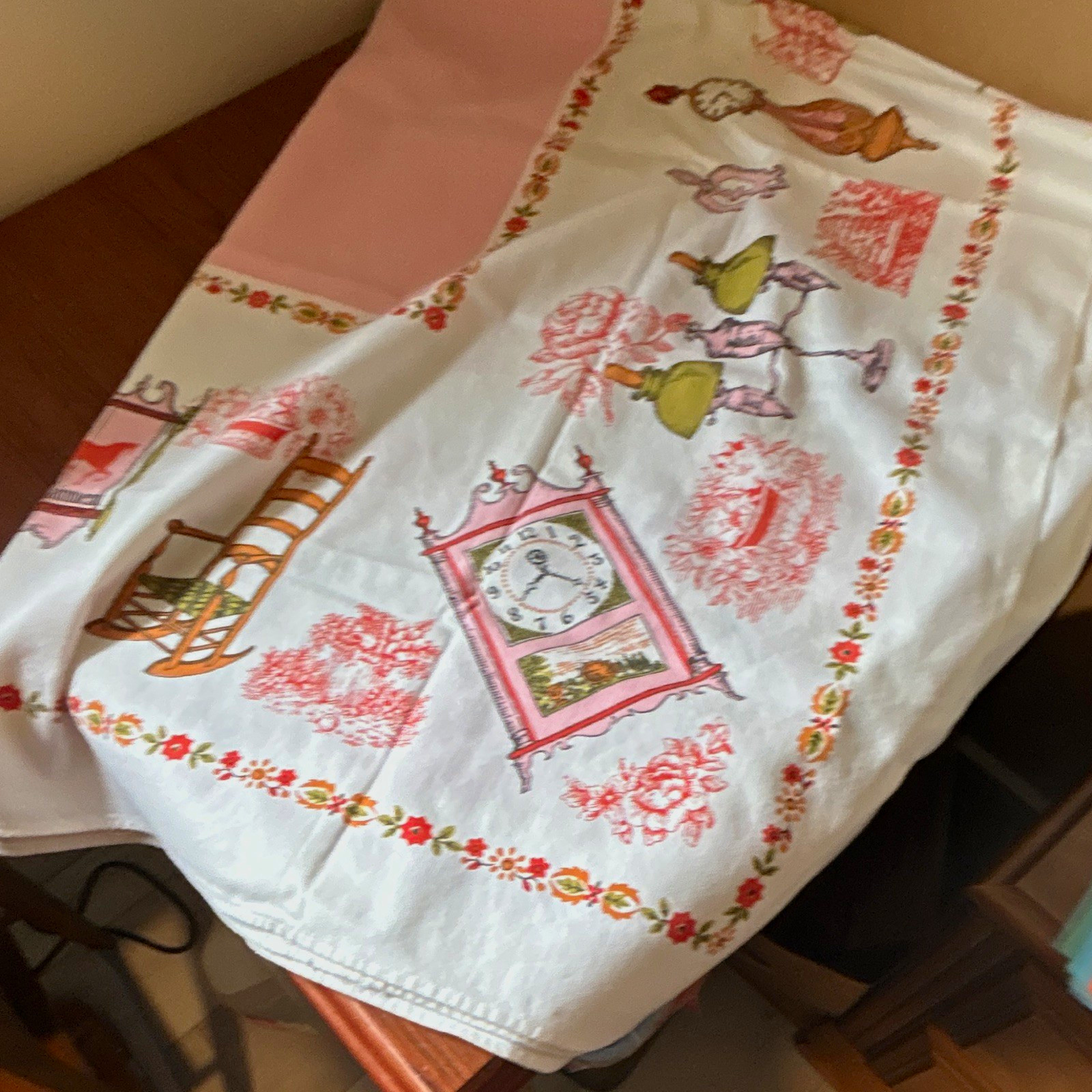 Vintage White Pink Floral Cloth Tablecloth w/ Printed Clock & Lamp, 1pc