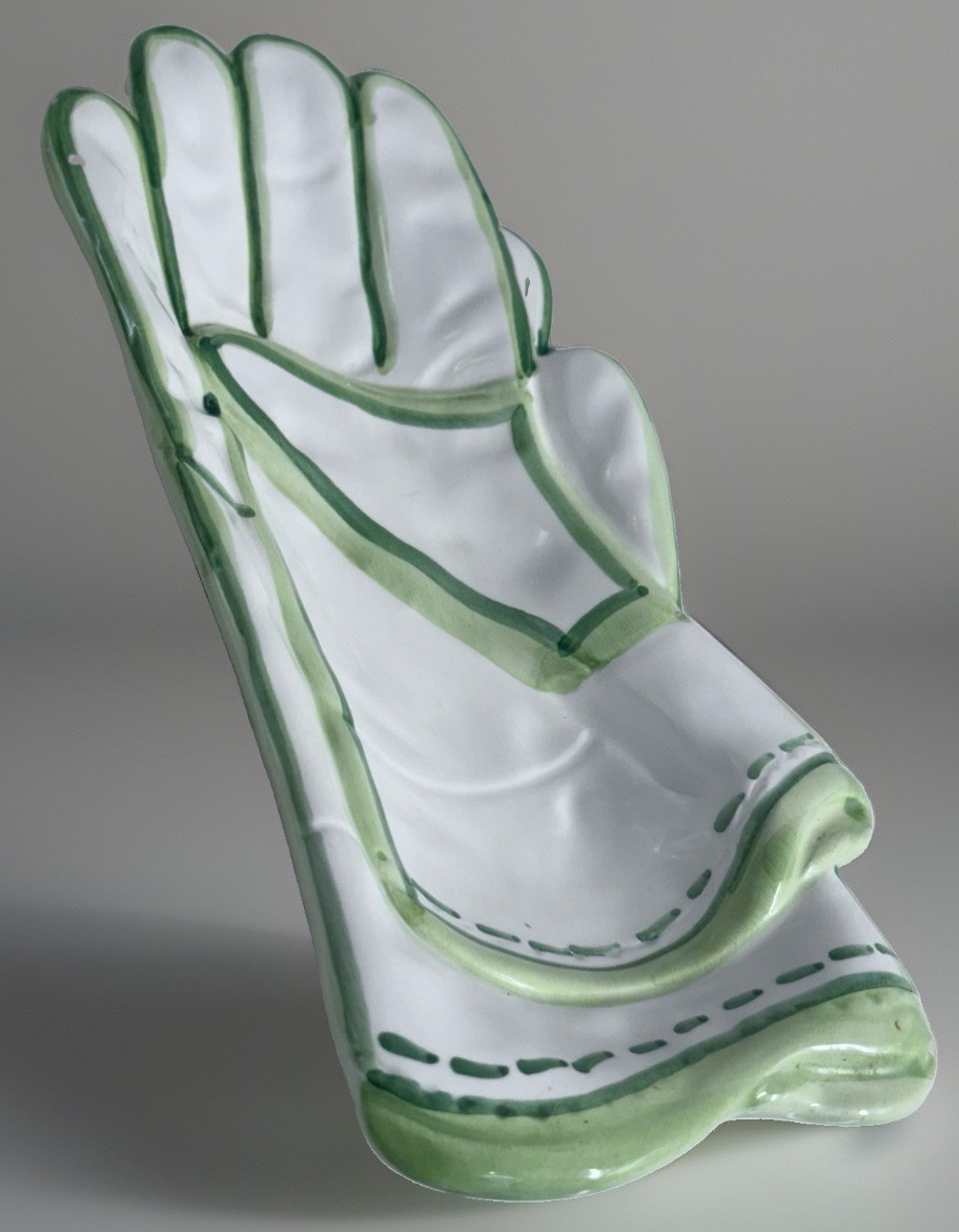Vintage Zanolli Italy Ceramic Gardening Glove Tray Hand Painted Green Trim Dish