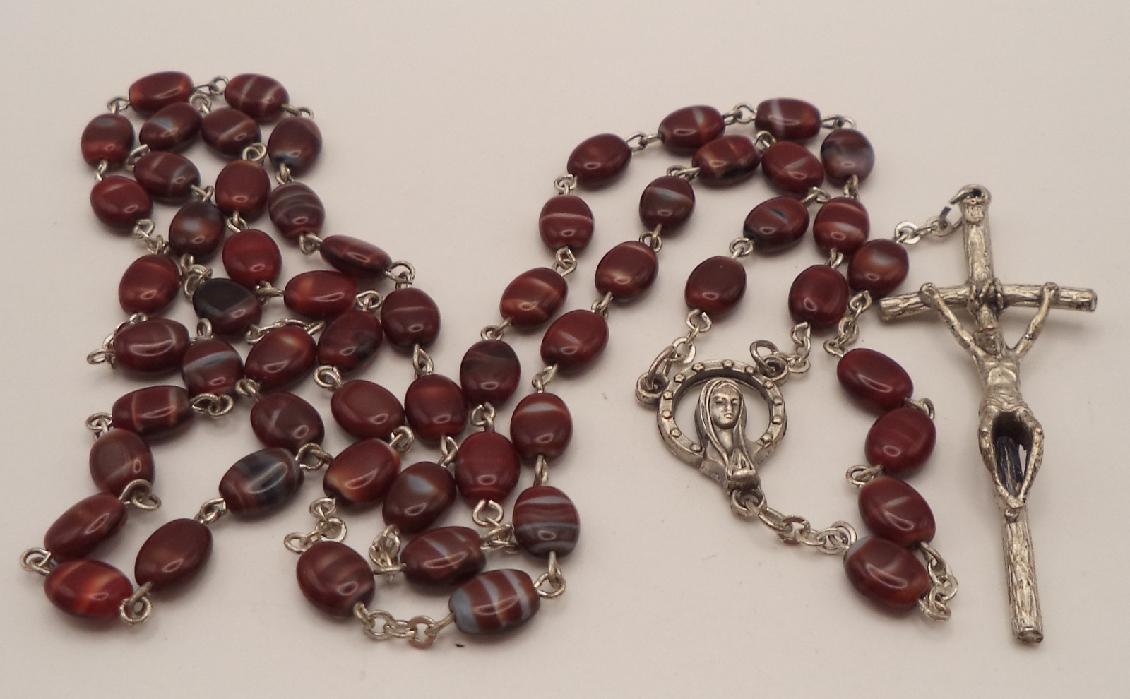 Vtg Brown Striped Agate Glass Rosary Necklace 20