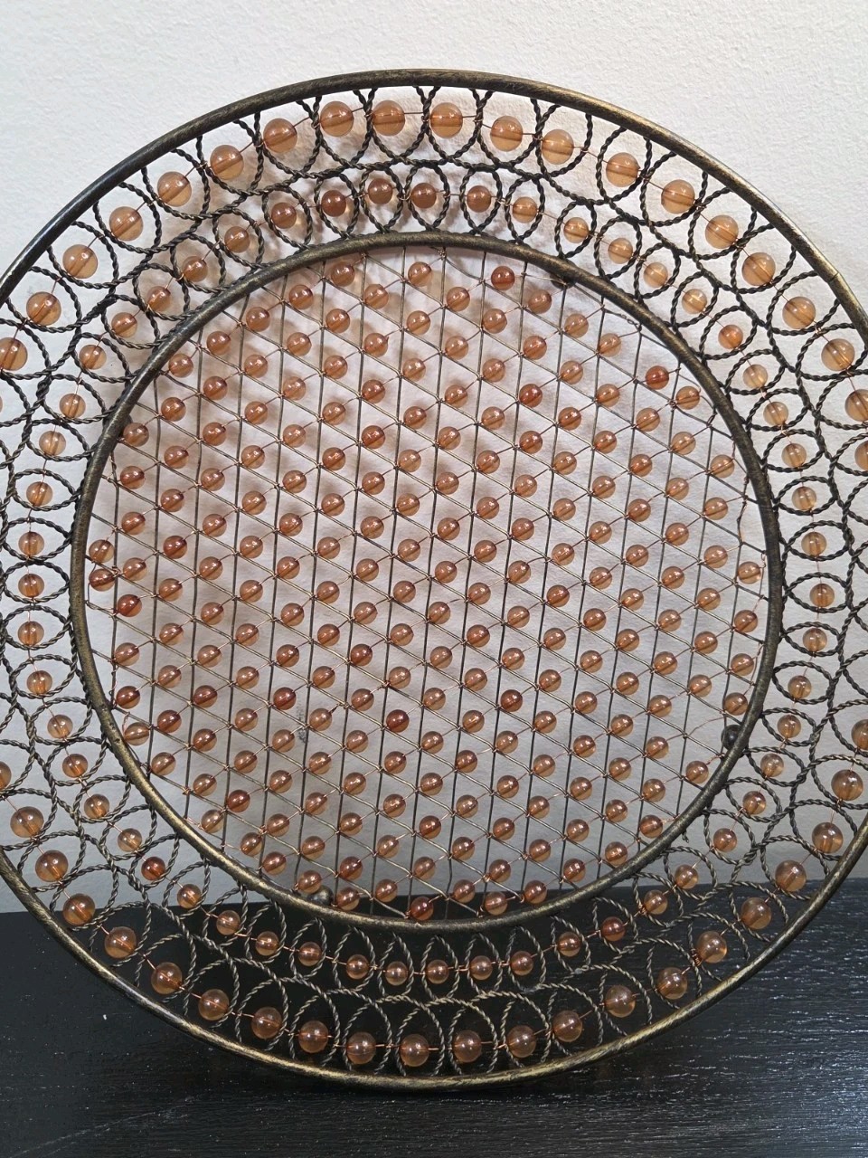 VtG  Pier 1 Round Serving Tray Wire & Amber Bead Design McM Bohemian