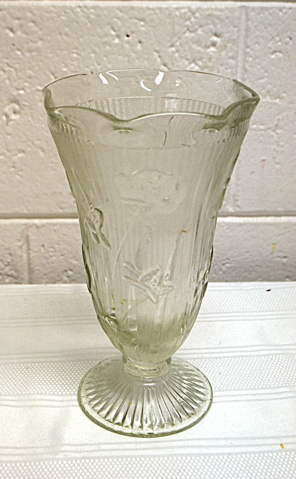 Iris and Herringbone Depression Glass clear 9 inch ruffled vase
