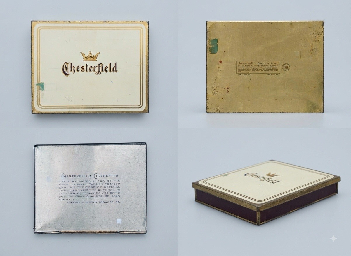Vintage Chesterfield Hinged Metal Cigarette Tin -  Factory 171 1st Dist Cal.