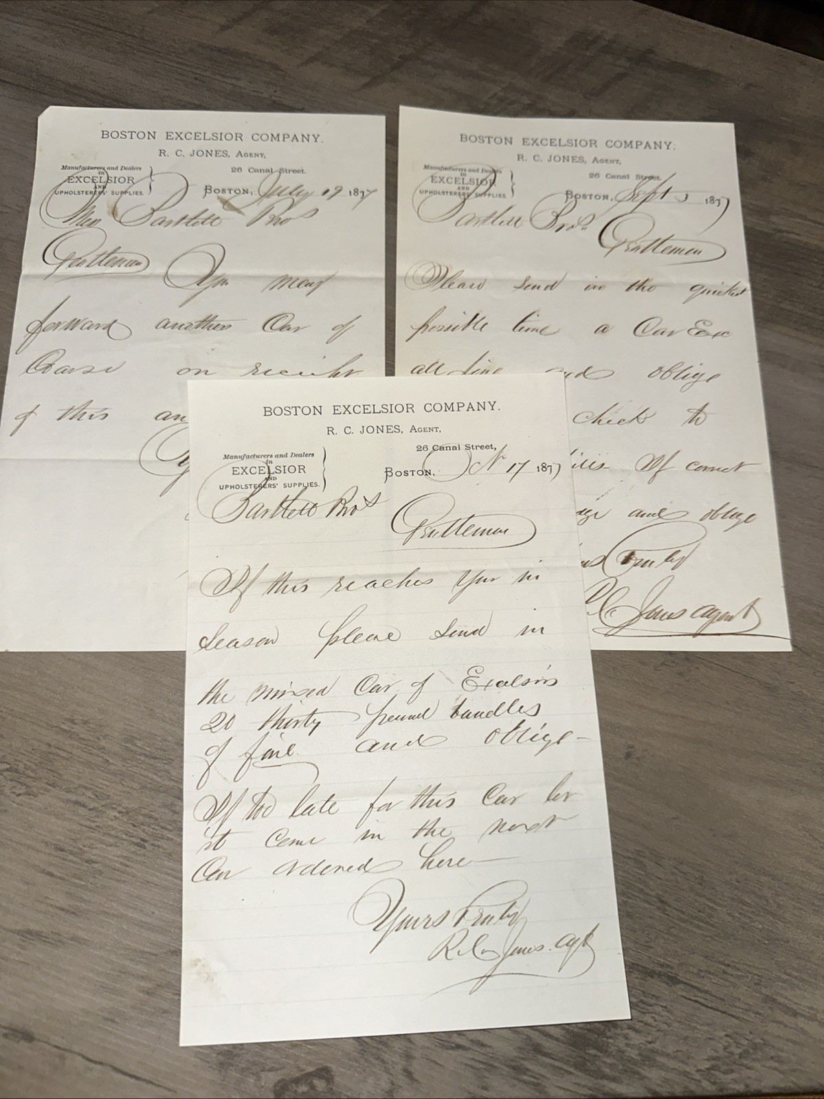 3 Antique Billhead’s 1877 Boston Excelsior Co. & Upholstery Supplies￼ ￼