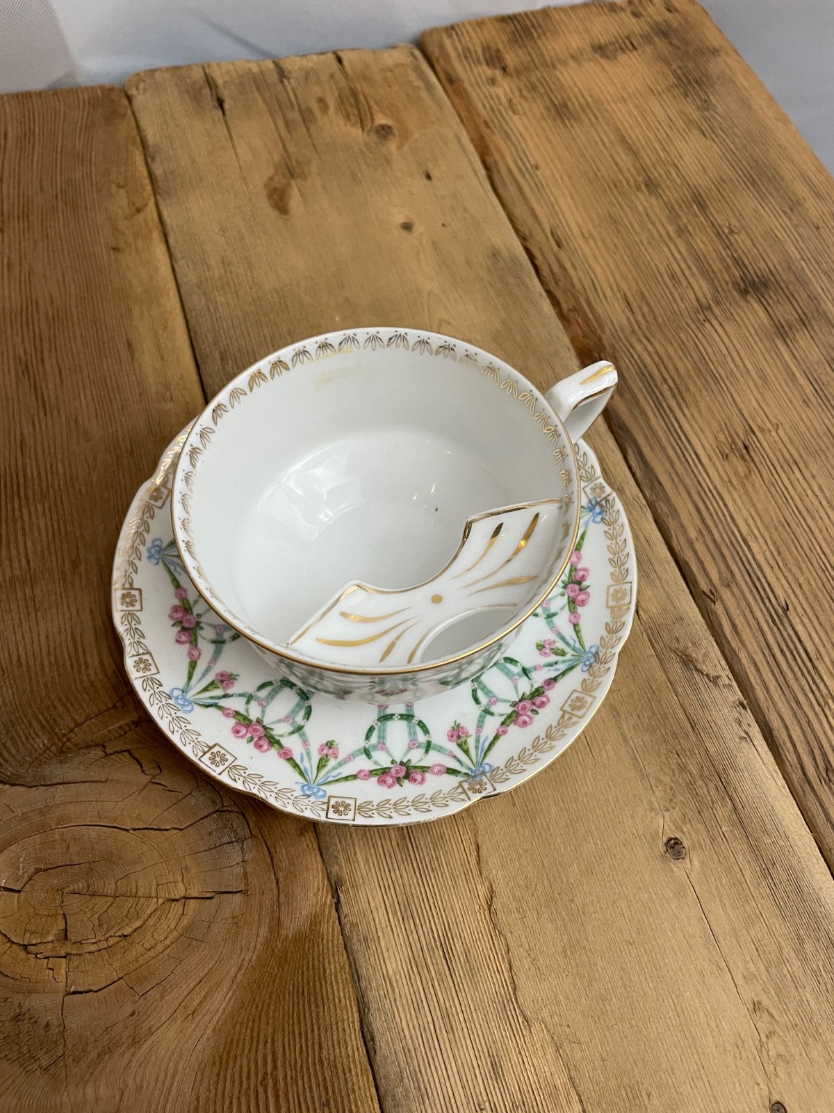 Antique Mustache Tea Cup & Saucer Set Pink Green Floral Wreaths Austria Imperial