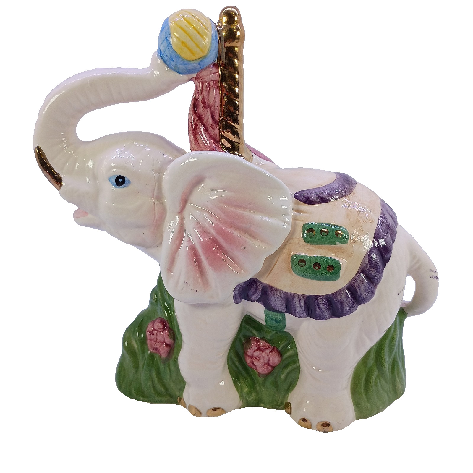 Porcelain Good Luck Elephant Figurine Circus Style Gold Accents Animal Decor