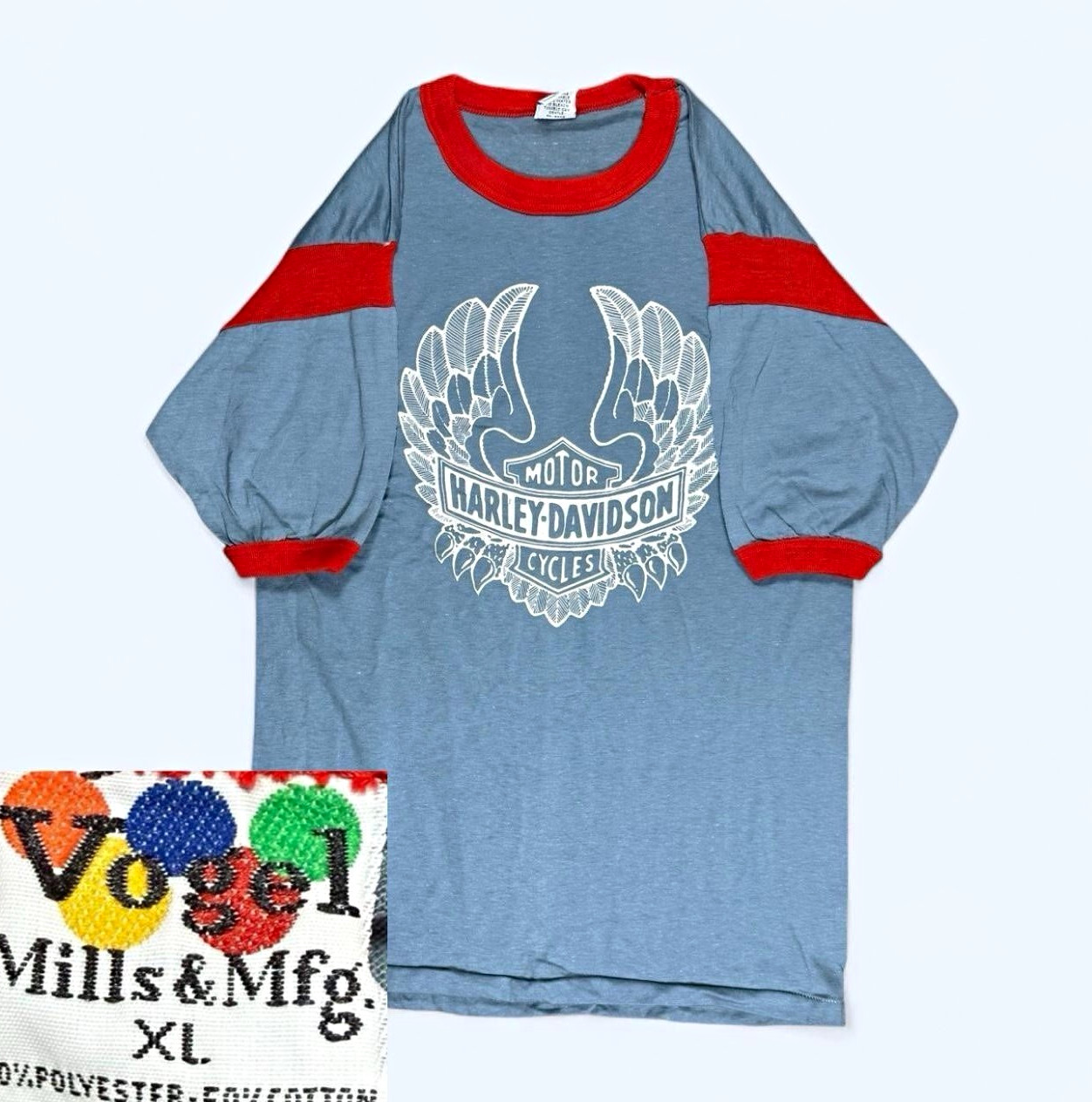 Vintage 70s Harley Davidson Wing Graphic Ringer T-Shirt Grail XL Vogel Mills Tag Vintage 70s Harley Davidson Wing Graphic Ringer T-Shirt Grail XL Vogel Mills Tag