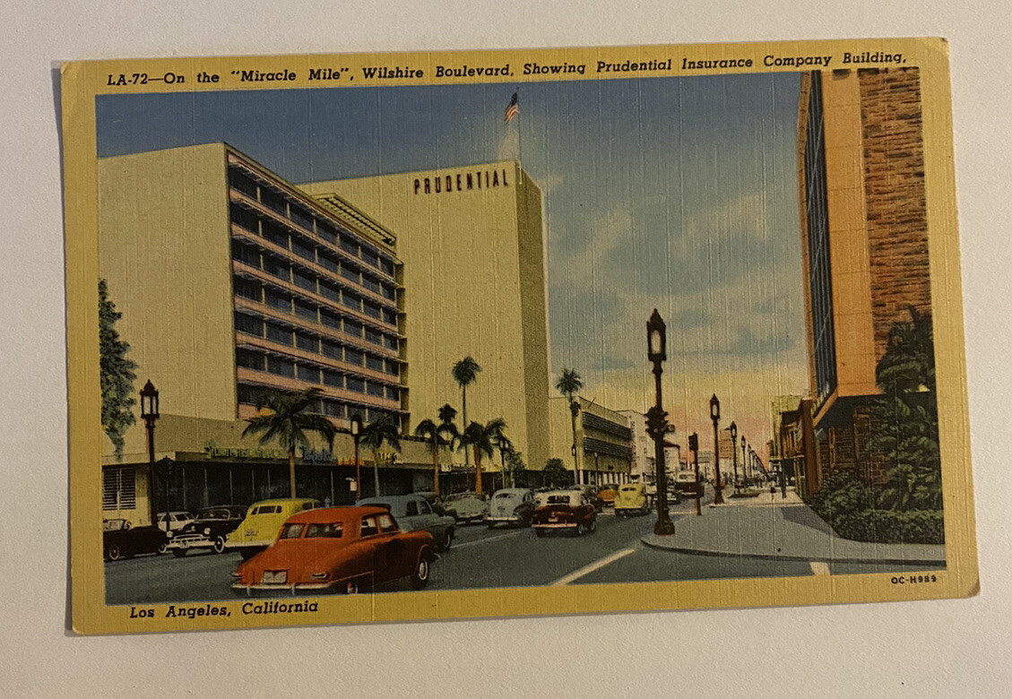 Vintage Linen Postcard ~ Miracle Mile Wilshire Blvd. Prudential ~ Los Angeles CA