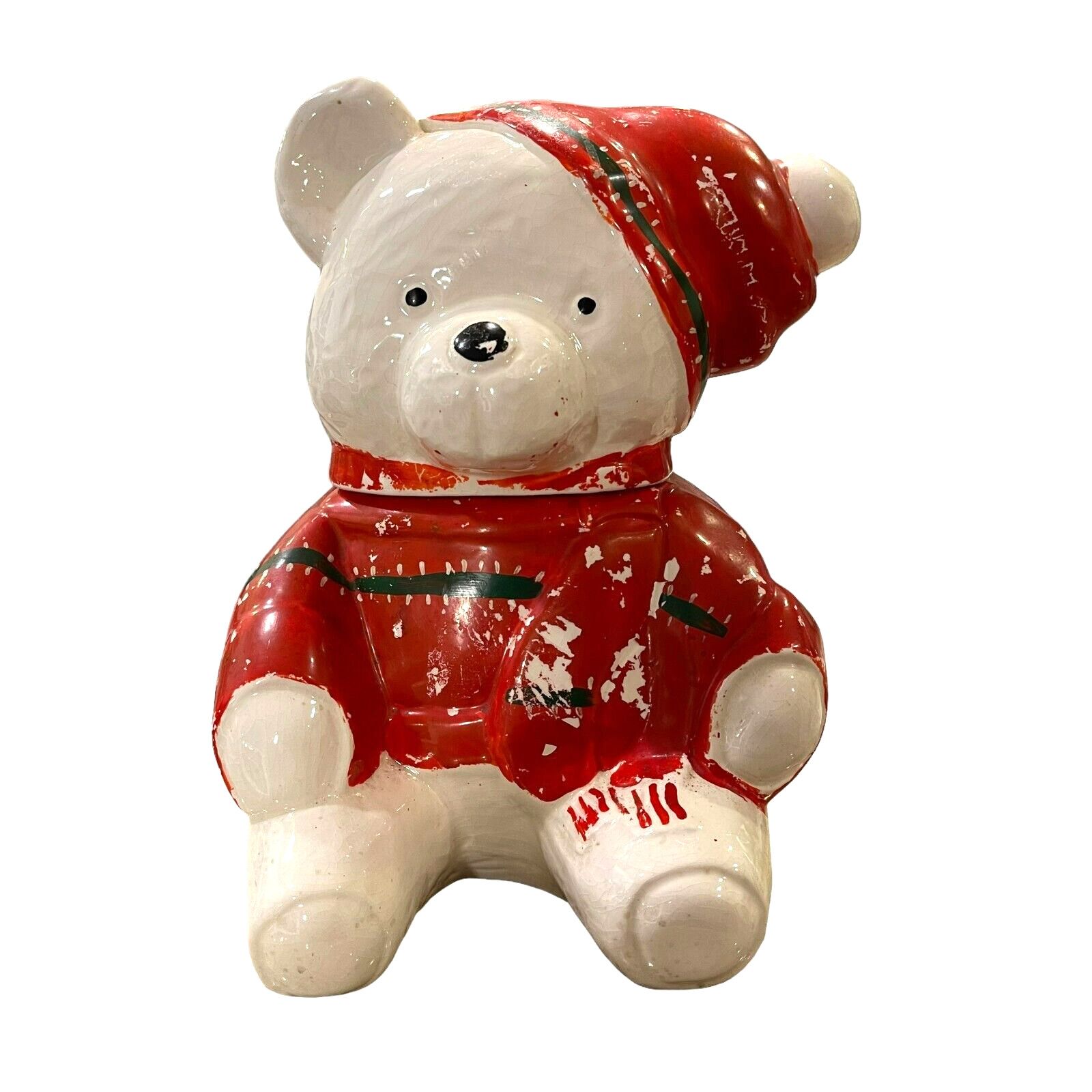 VTG Ceramic White Teddy Bear in Red Sweater Decorative Canister Jar 11.5in Tall