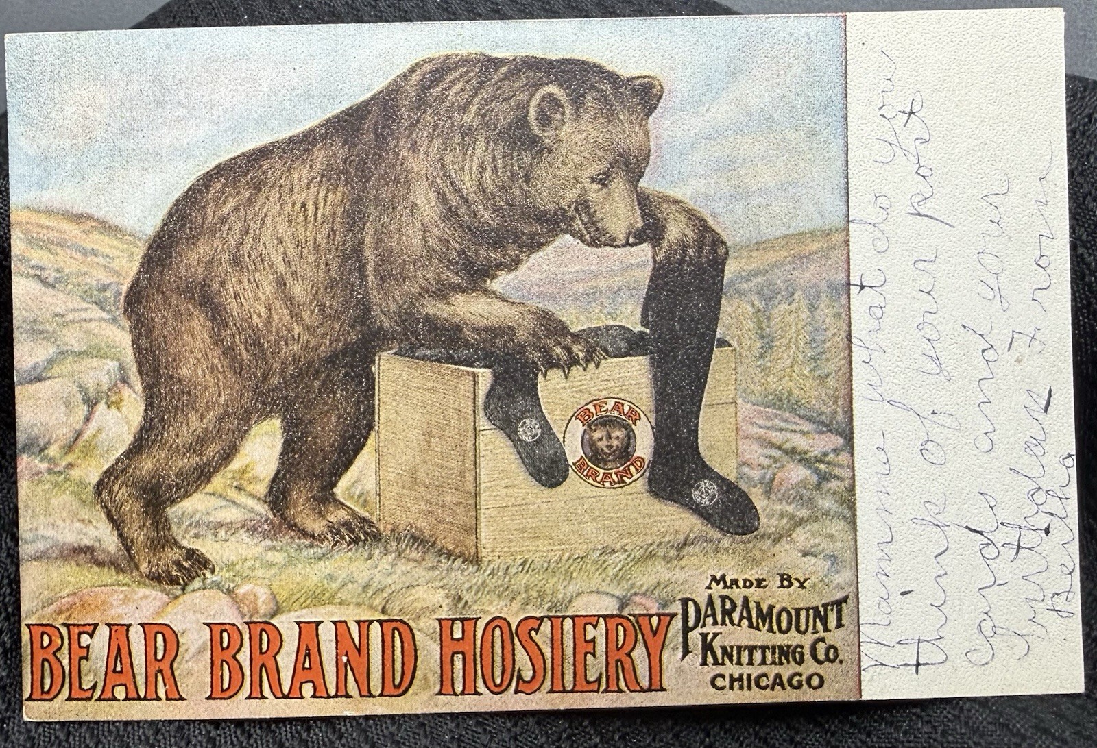 c1907 BEAR BRAND HOSIERY Advertising POSTCARD w Cute Note From Lil’ Girl To Mom