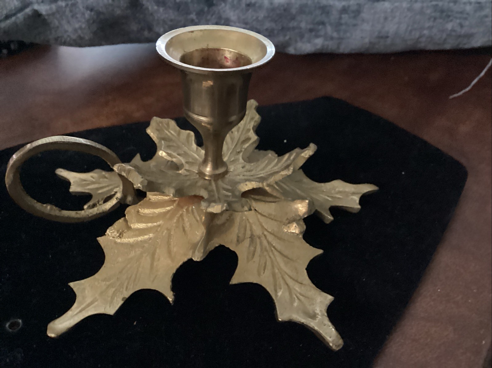Vintage Holly Leaf Solid Brass Candlestick Holder with Finger Loop Made in India