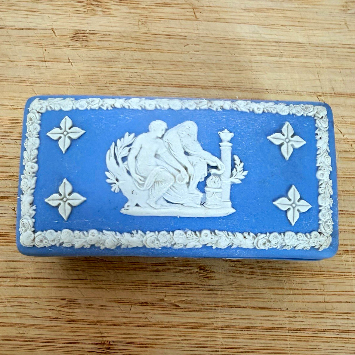Vintage Wedgwood Blue Jasperware Rectangular Trinket Box Classical Scene 1966