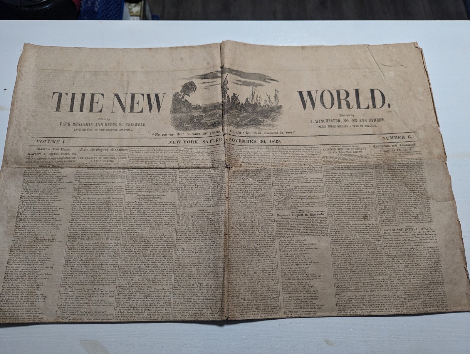 1839 The New World Newspaper Rufus Griswold Editor - Edgar Poe Rival