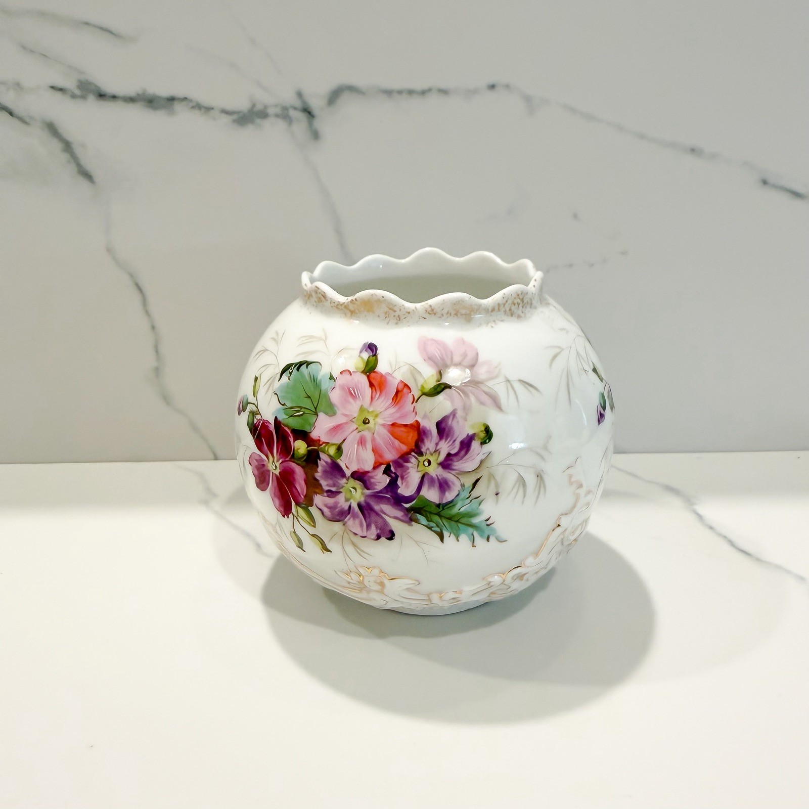 Leonard Vienna Austria Porcelain Cachepot Hand Painted Floral Raised Gilt Relief