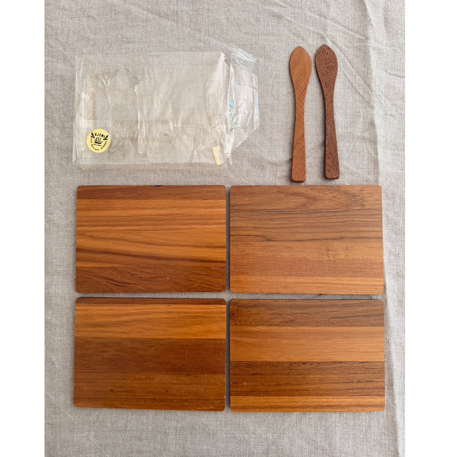 Unused Vintage KJENI Denmark Teak Cheese Plates Set – Mid Century Danish MCM Unused Vintage KJENI Denmark Teak Cheese Plates Set – Mid Century Danish MCM