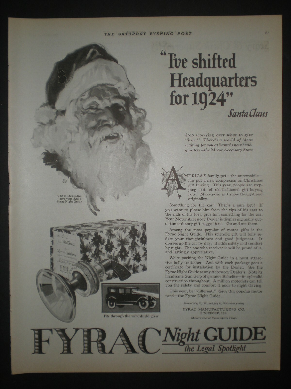 1924 SANTA CLAUS FYRAC NIGHT GUIDE SPOTLIGHT XMAS print ad