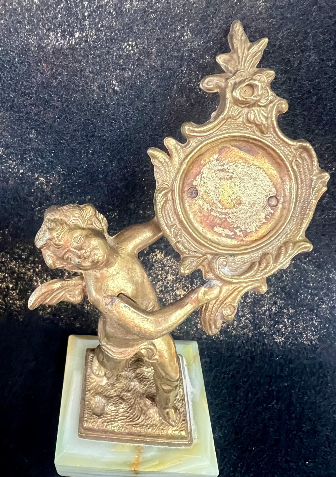 Vintage Brass Cherub Putto Onyx Stone Base Rococo Vanity Décor/Pocket watch hold