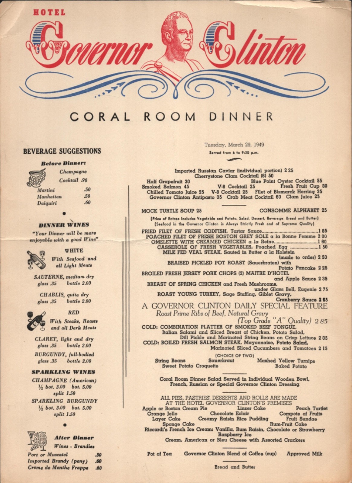 1949 HOTEL GOVERNOR CLINTON / CORAL ROOM vintage restaurant menu NEW YORK CITY