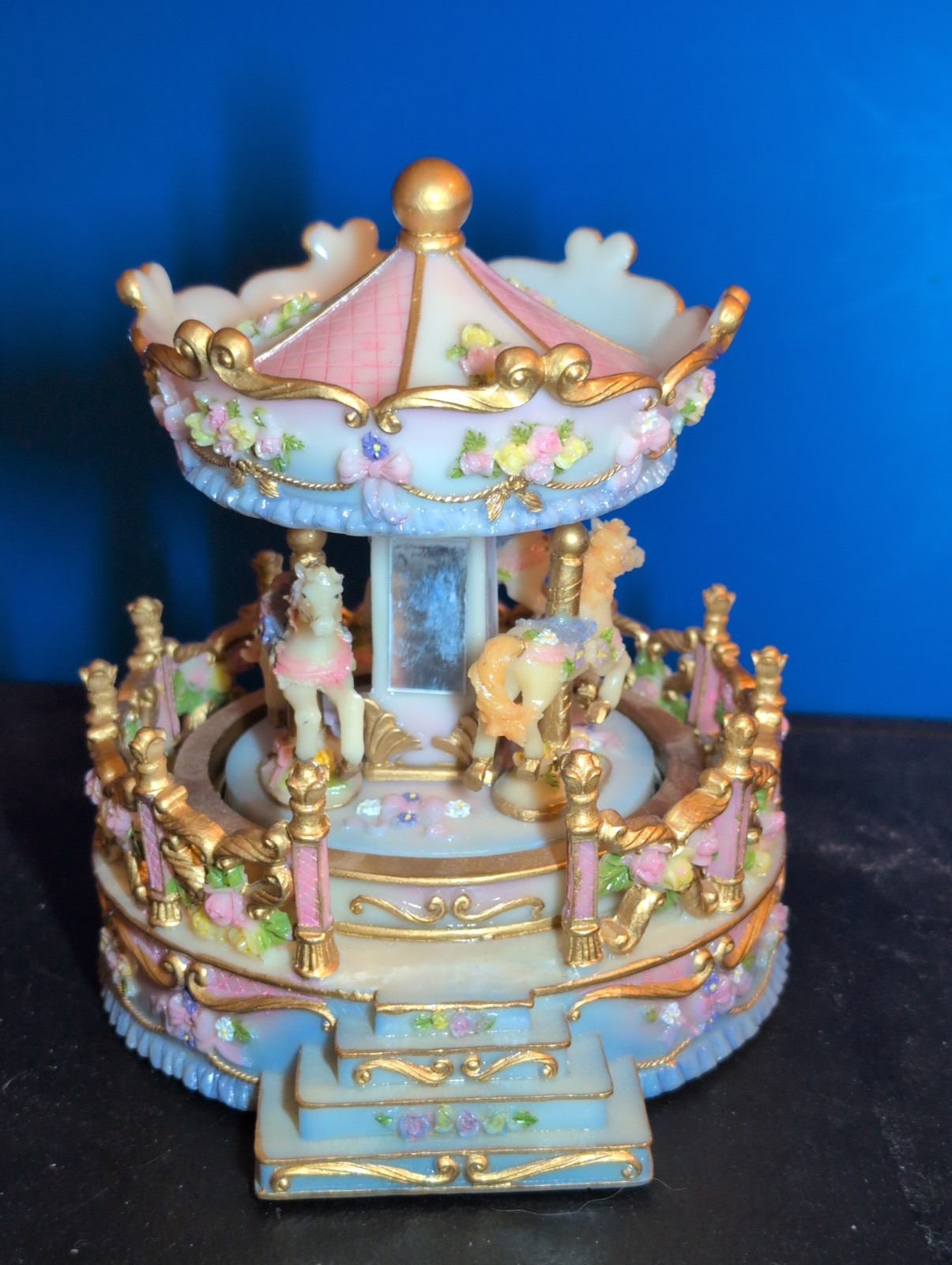 Vintage Carousel Music Box with Horses Mirrors Plays Unchained Melody - works