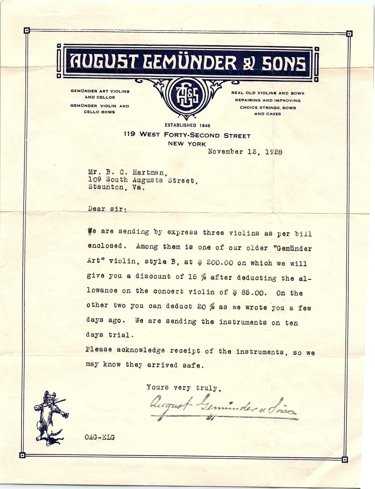 1928 August Gemünder & Sons Violin NYC Billhead Letter