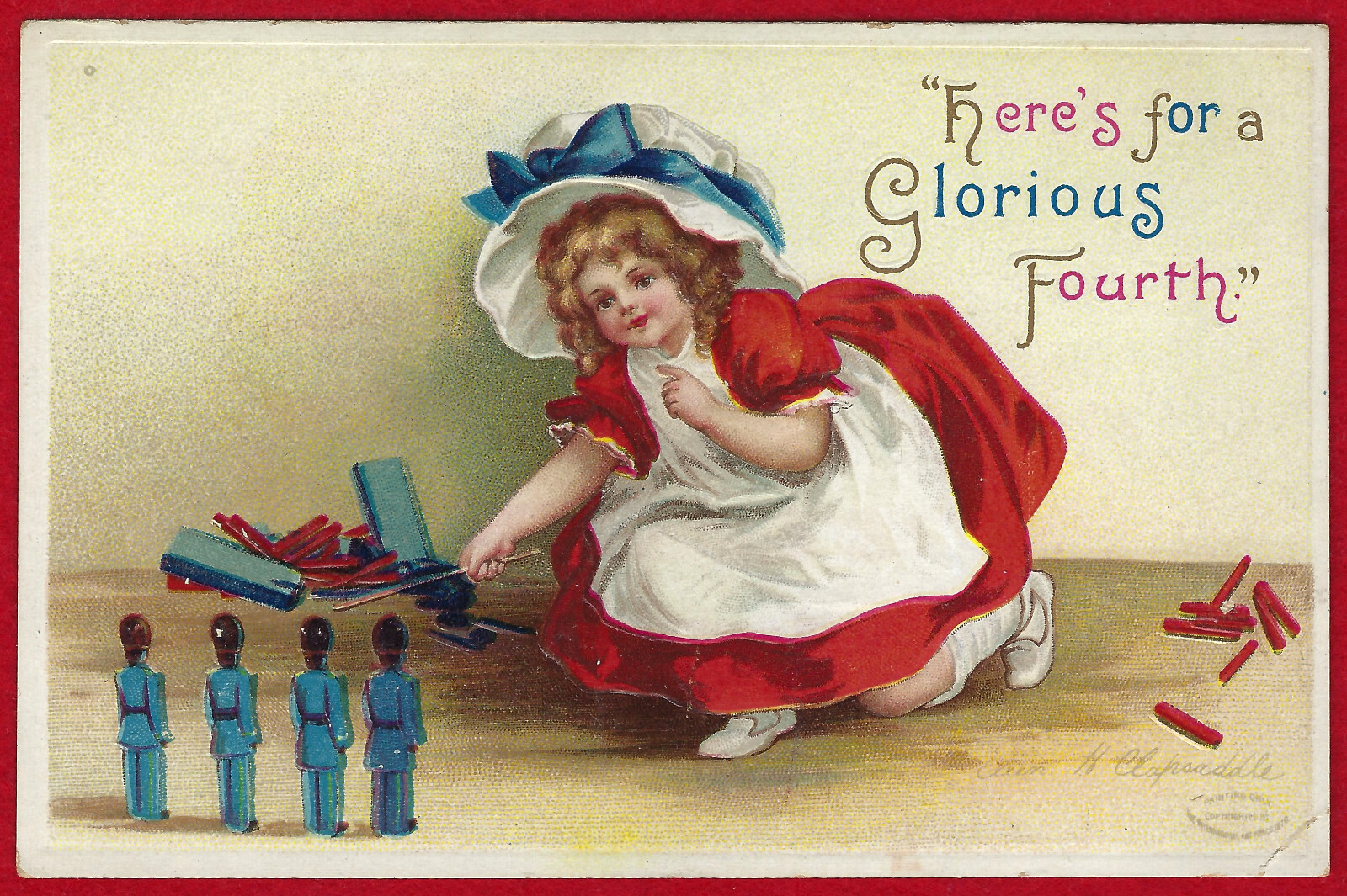 Vtg Clapsaddle 4th of July Little Girl Firecrackers Toy Soldiers A/S Emb PC 1910