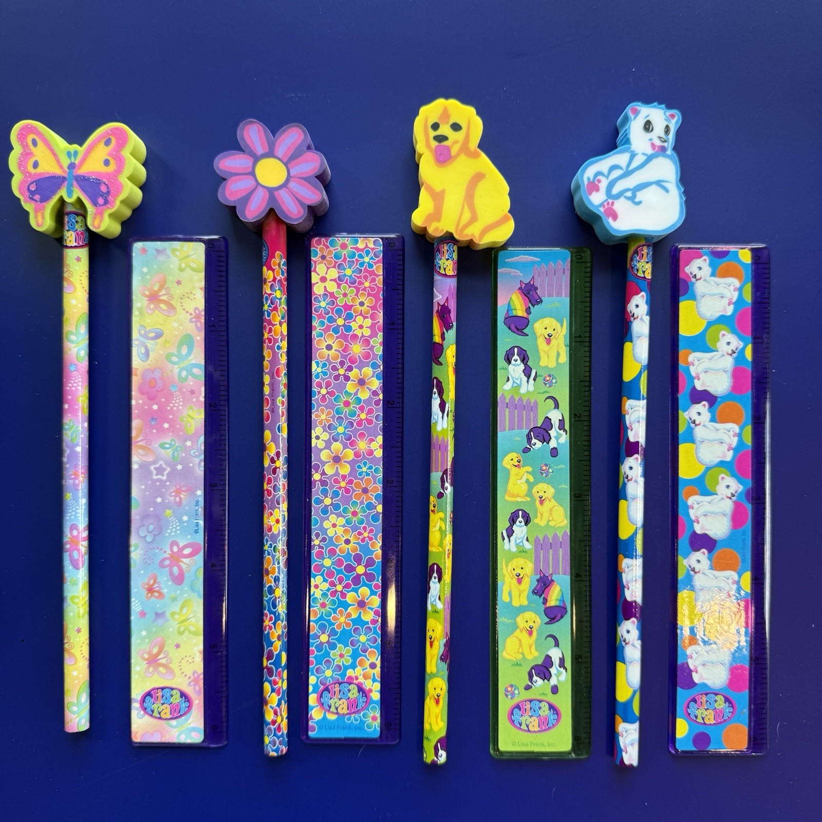 4 Vintage Lisa Frank Pencils W/ Eraser Toppers and Matching Rulers 90's NEW