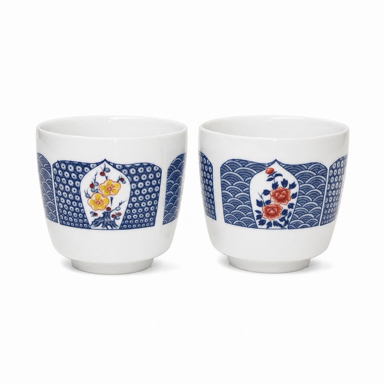 Hyakusen Kai Vintage Japanese Porcelain Yunomi Tea Cups Set of 2 Blue & White