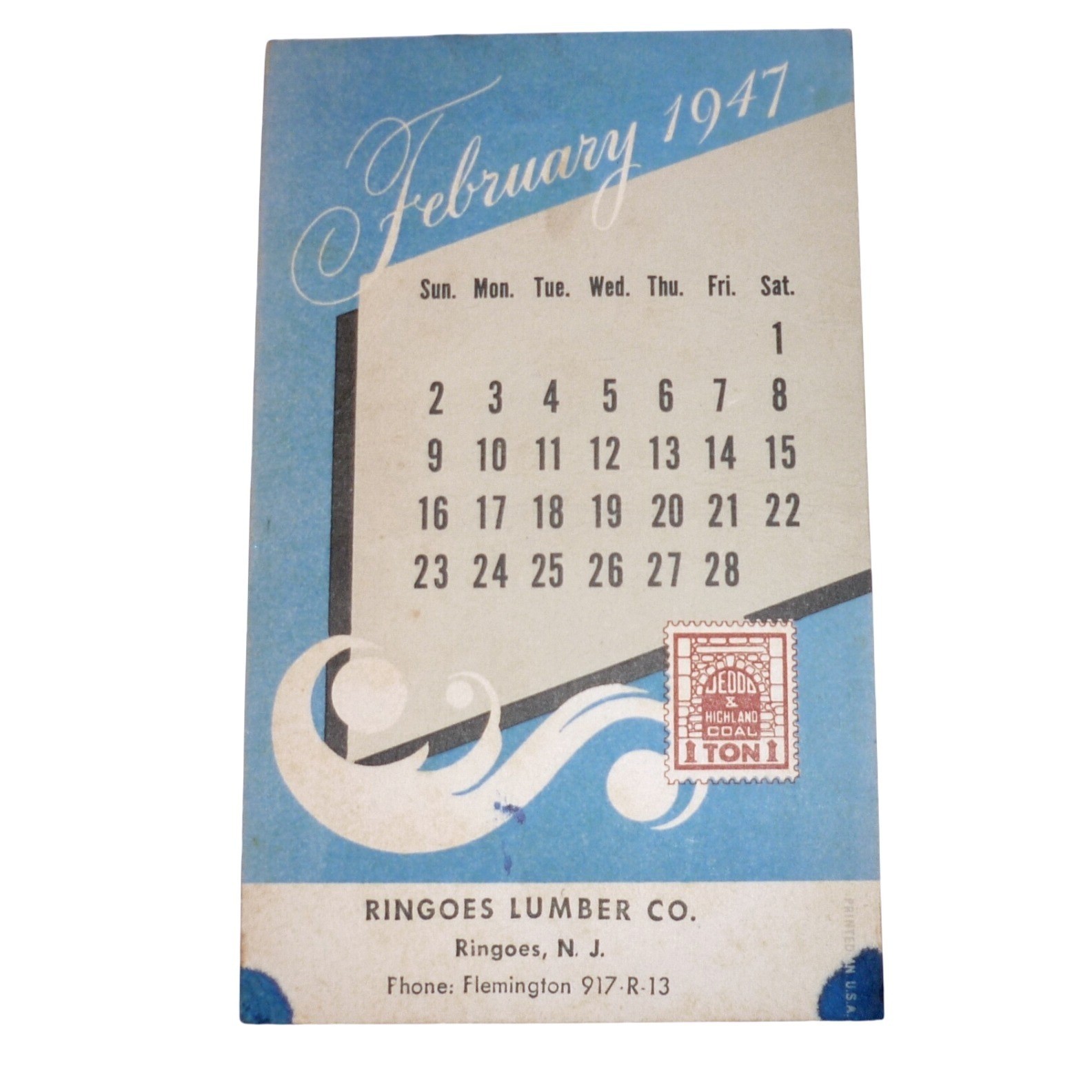 Vintage 1947 Ringoes Lumber Co NJ Calendar Card Advertising Ephemera