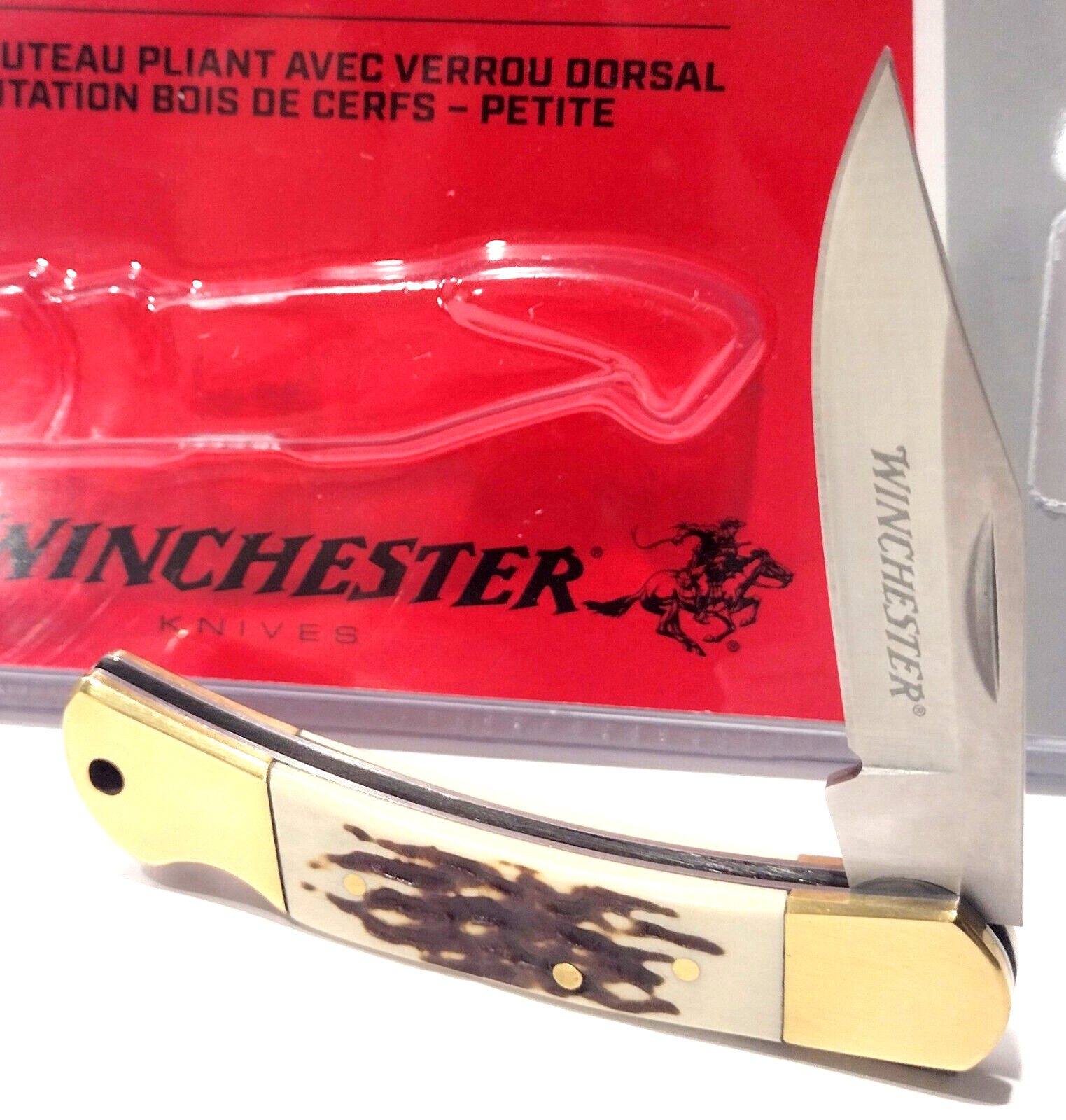 Winchester Small Stag Bone Clip Point Blade Lockback Folding Pocket Knife EDC
