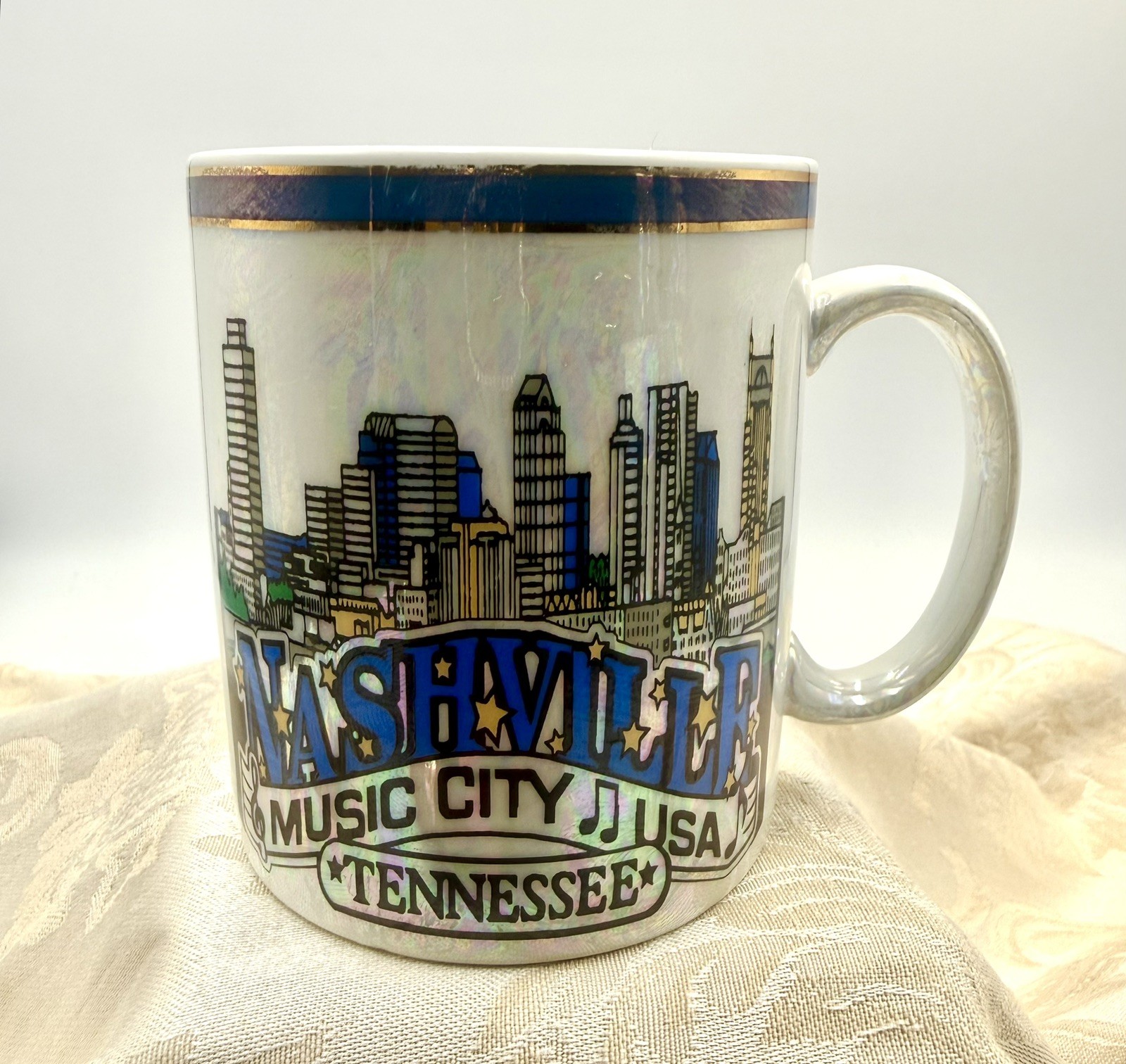 Nashville Music City USA, Pearl white Iridescent color coffee mug, Ceramic mug