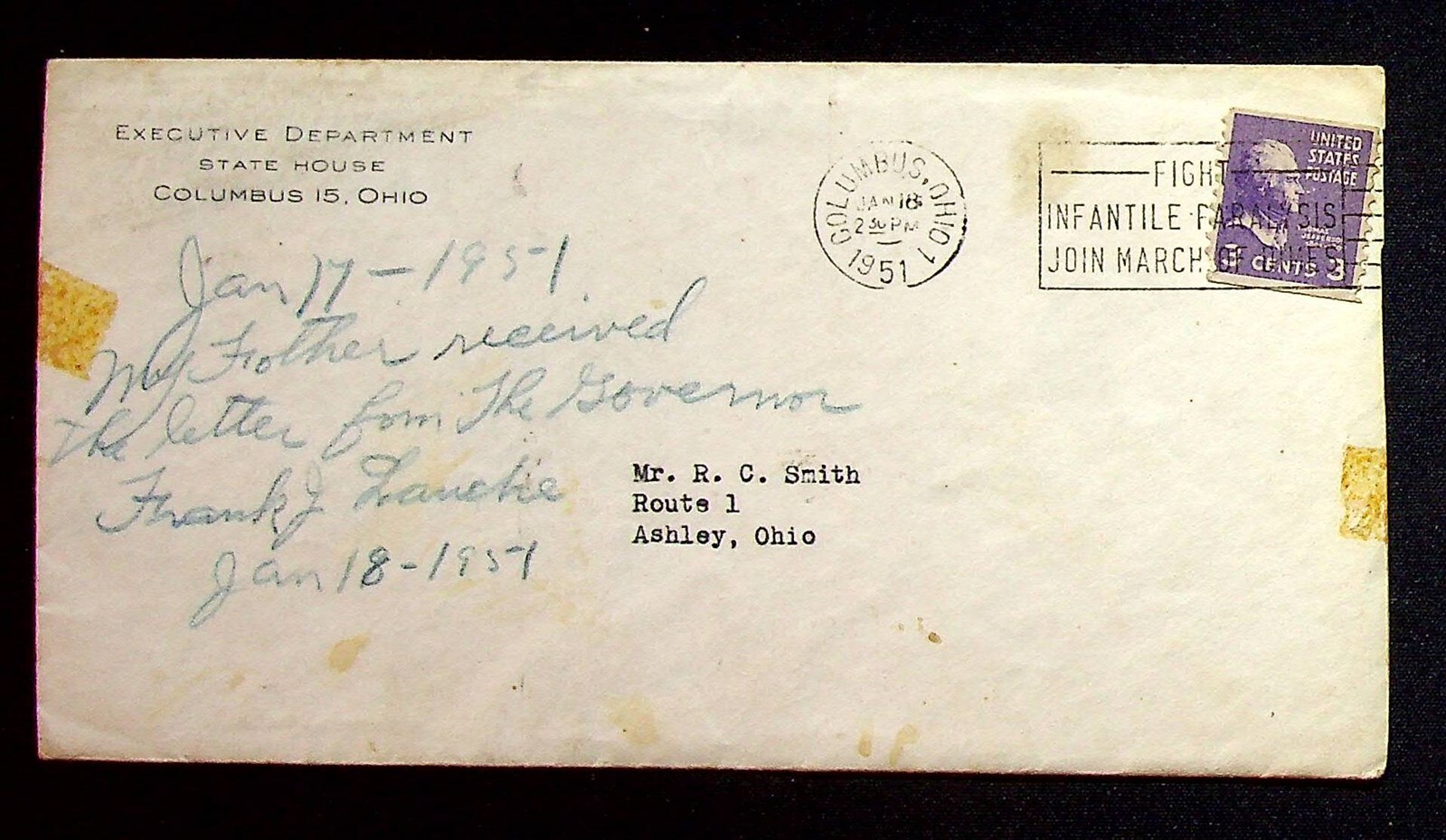 1951 Frank Lausche Original Autograph On Cover Former Ohio Senator