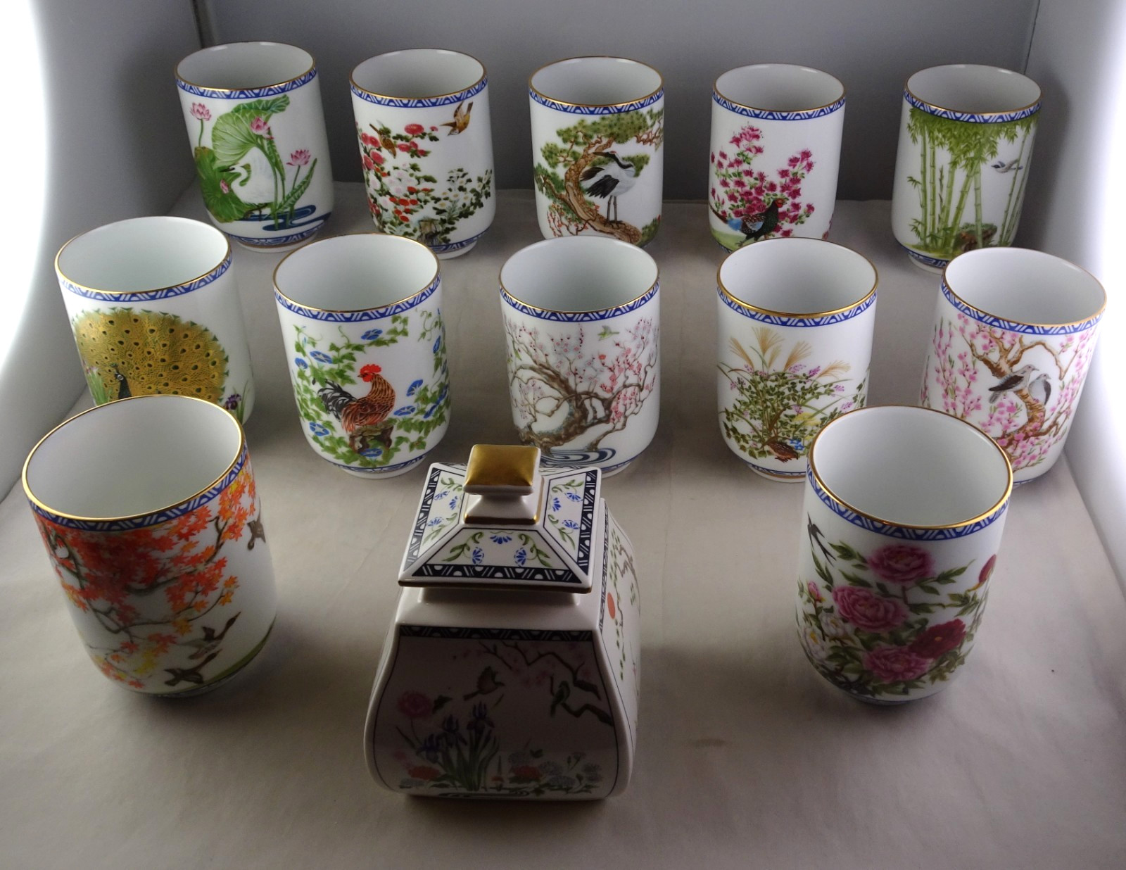 Franklin Porcelain Sake Cups Flowers & Birds Full Set + Orient Sugar Bowl - Exc.