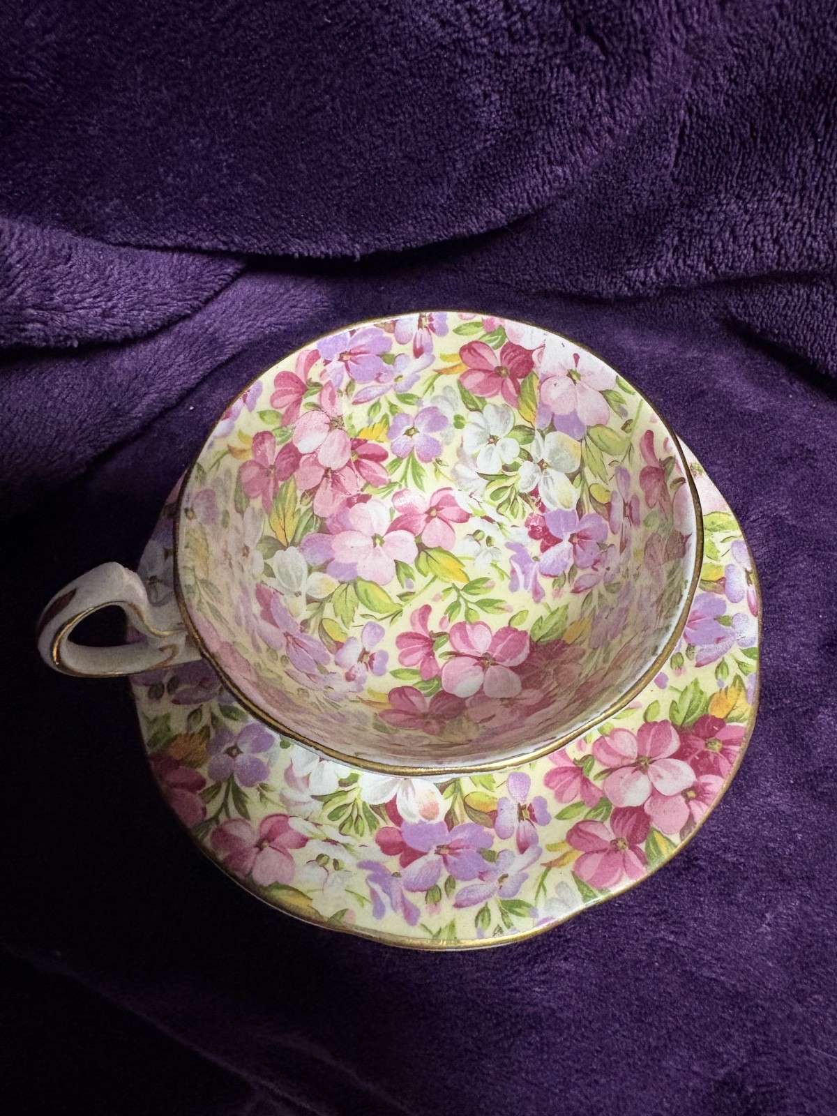 Royal Standard Tea Cup and Saucer Virginia Stock Pink Floral Chintz Bone China Royal Standard Tea Cup and Saucer Virginia Stock Pink Floral Chintz Bone China