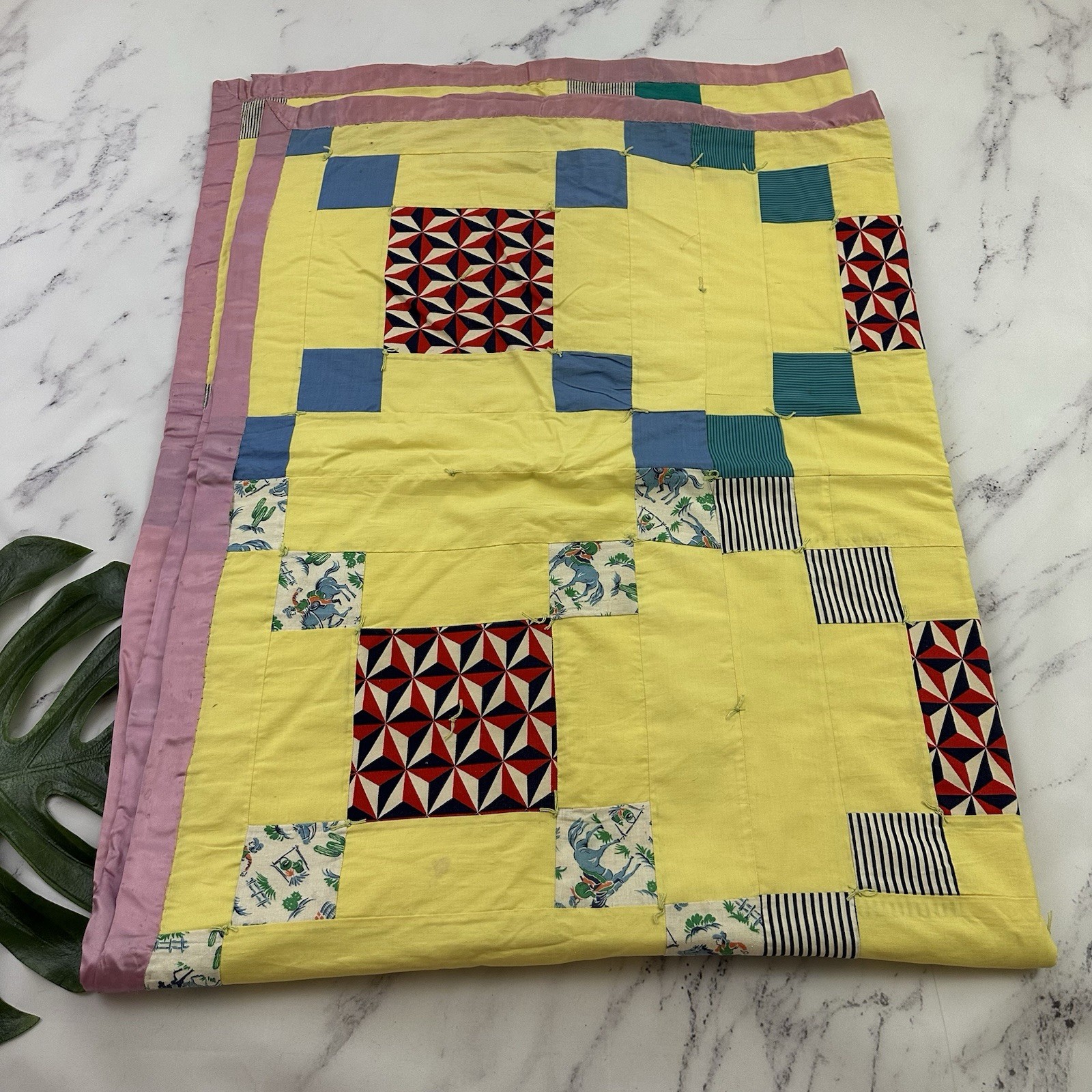 Vintage Handmade Quilt Blanket Yellow Pink Square Blocks 56x78 in Throw Flannel