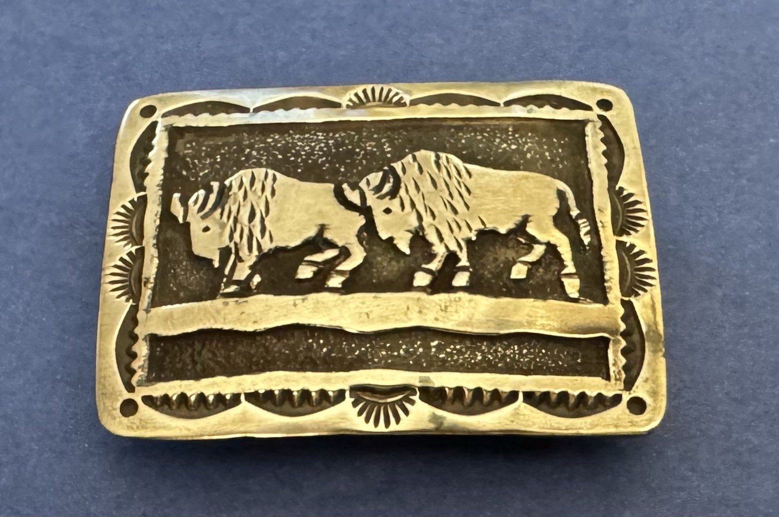 VTG Small Mid Size Sterling Silver Native Signed HY 2 Buffalo Bison Belt Buckle