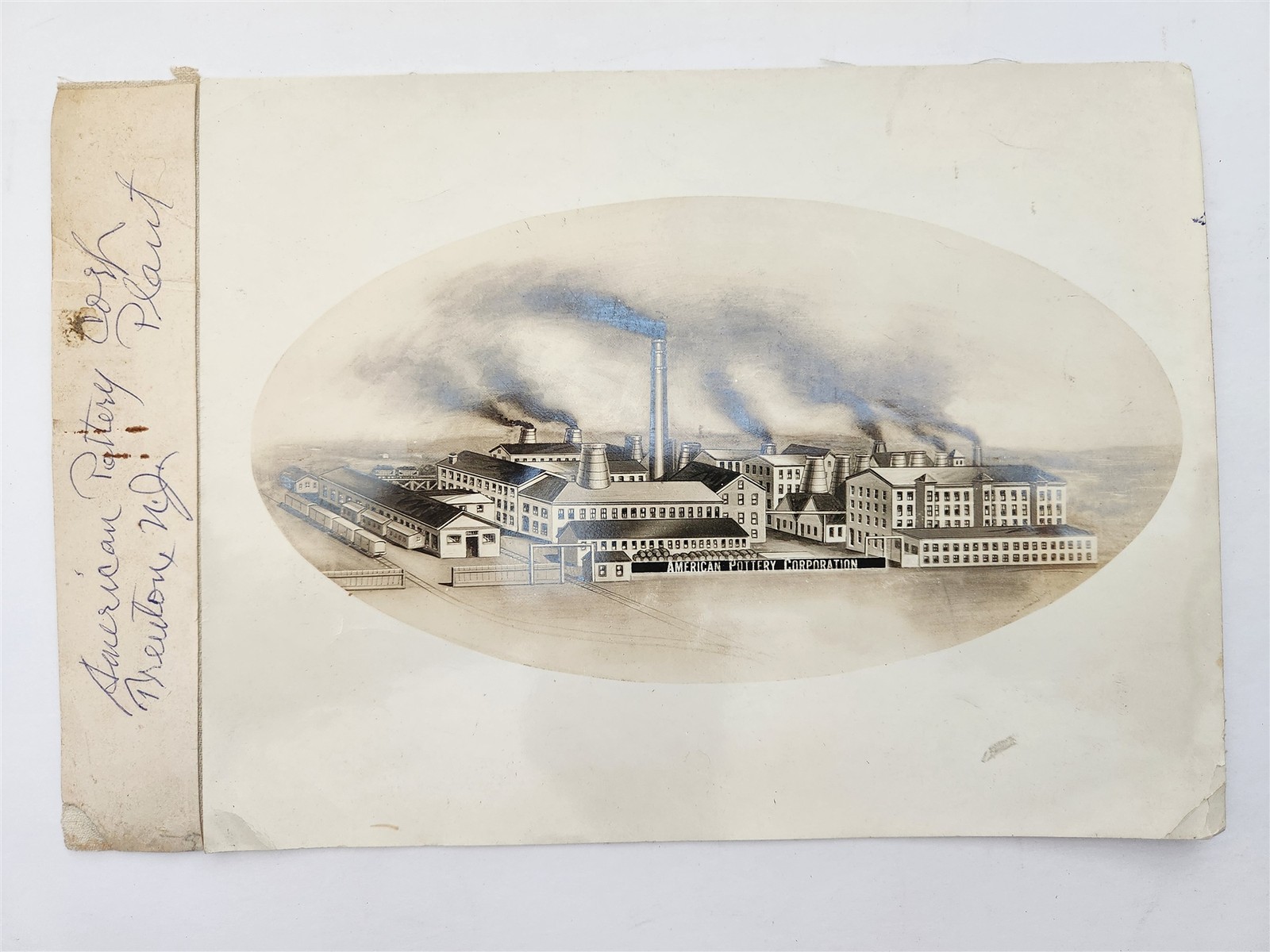 1890s antique AMERICAN POTTERY CORP plant trenton nj factory view on linen PHOTO