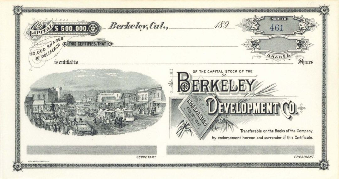Berkeley Development Co. - circa 1890\'s Unissued Stock Certificate - General S