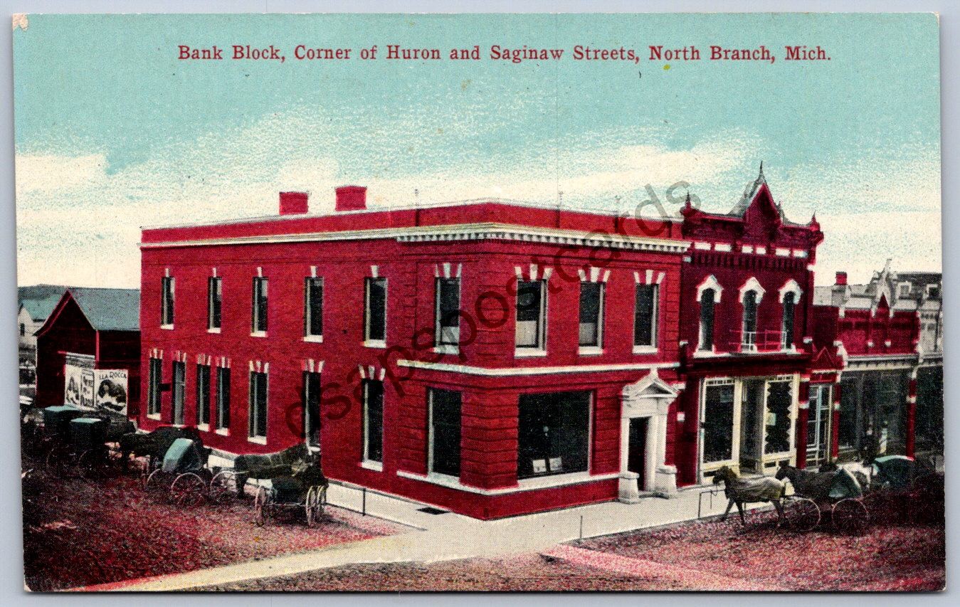 K51/ North Branch Michigan Postcard c1910 Bank Block Stores Wagons 164