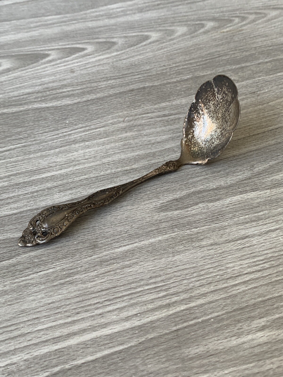 1881 Rogers Oneida Baroque Rose Bent Sugar Shell Spoon Scallop Silverplate 5.5\