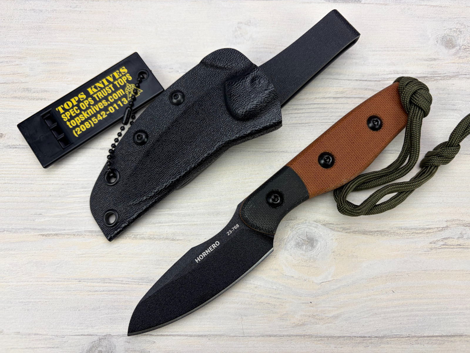Tops Knives Hornero Knife Black/Tan Micarta Handle Kydex Belt Sheath - USA Made