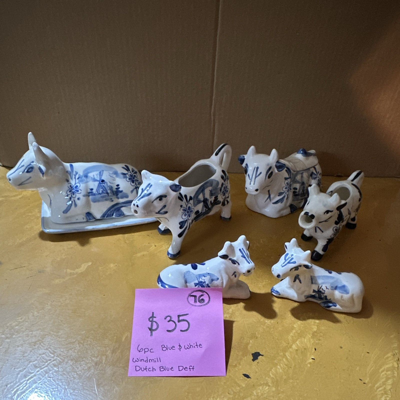 6pc Blue & White Delft Style Ceramic Cow Figurines, Creamers, Lidded Cow (#76) 6pc Blue & White Delft Style Ceramic Cow Figurines, Creamers, Lidded Cow (#76)