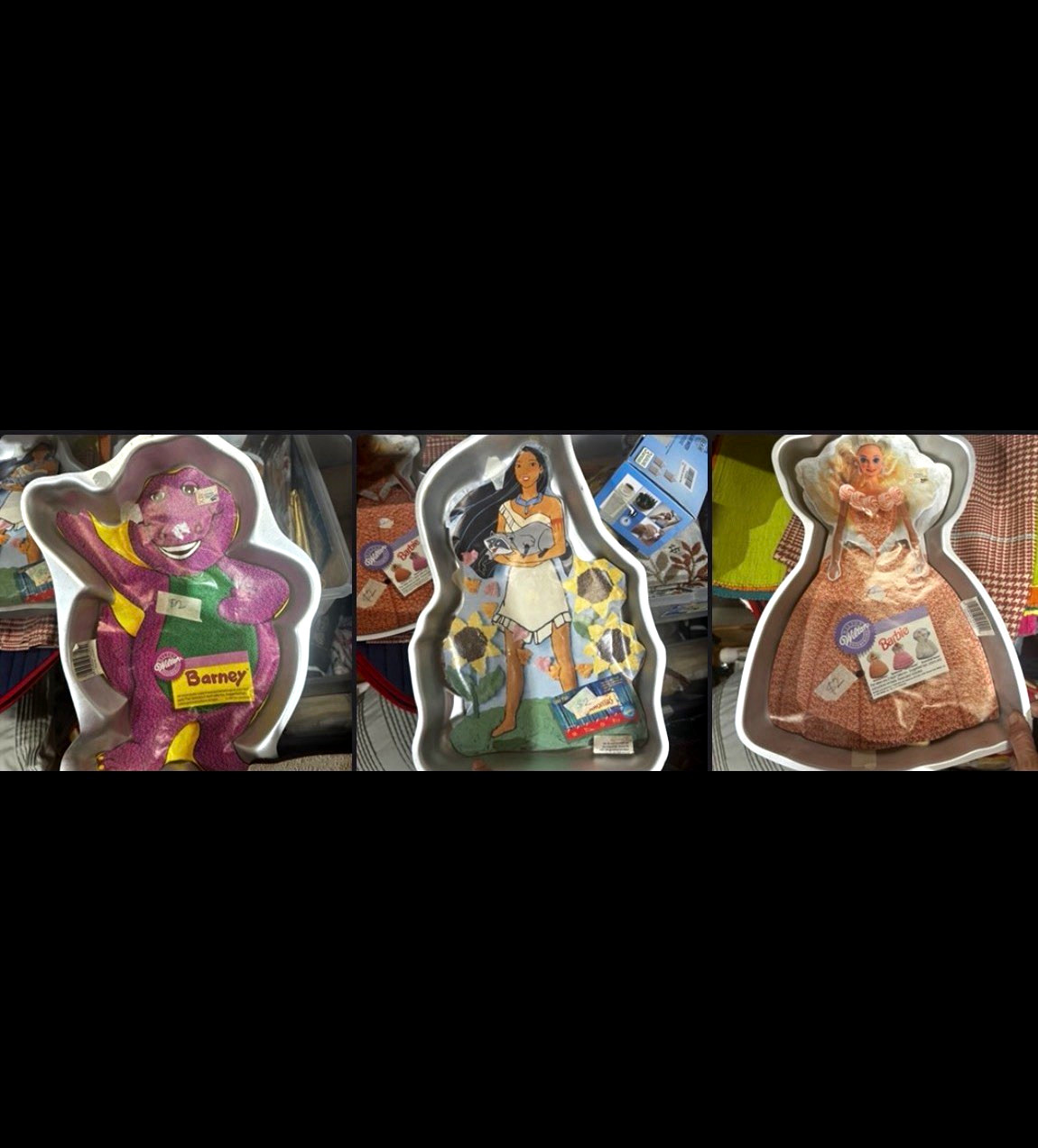 Wilton Aluminum Character Cake Pans Lot of 3 Barney Barbie Pocahontas 1992 MINT Wilton Aluminum Character Cake Pans Lot of 3 Barney Barbie Pocahontas 1992 MINT