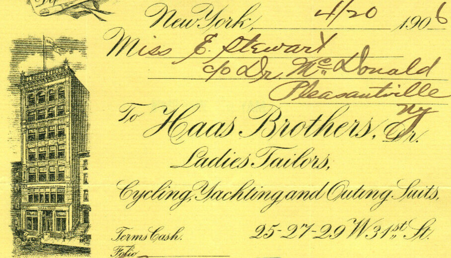 NY Haas Brothers Cycling Yachting Ladies Tailors Billhead