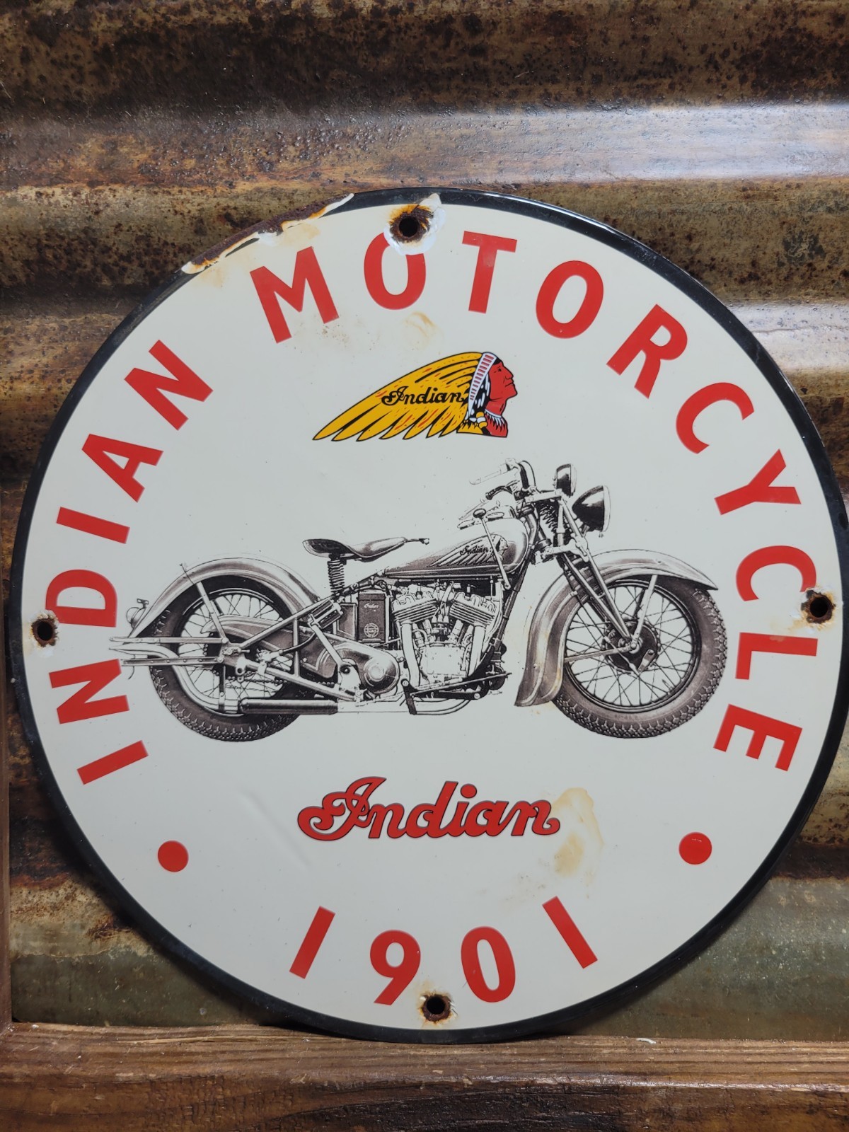 VINTAGE INDIAN MOTORCYCLE PORCELAIN SIGN OLD SALES SERVICE DEALER REPAIR BIKER