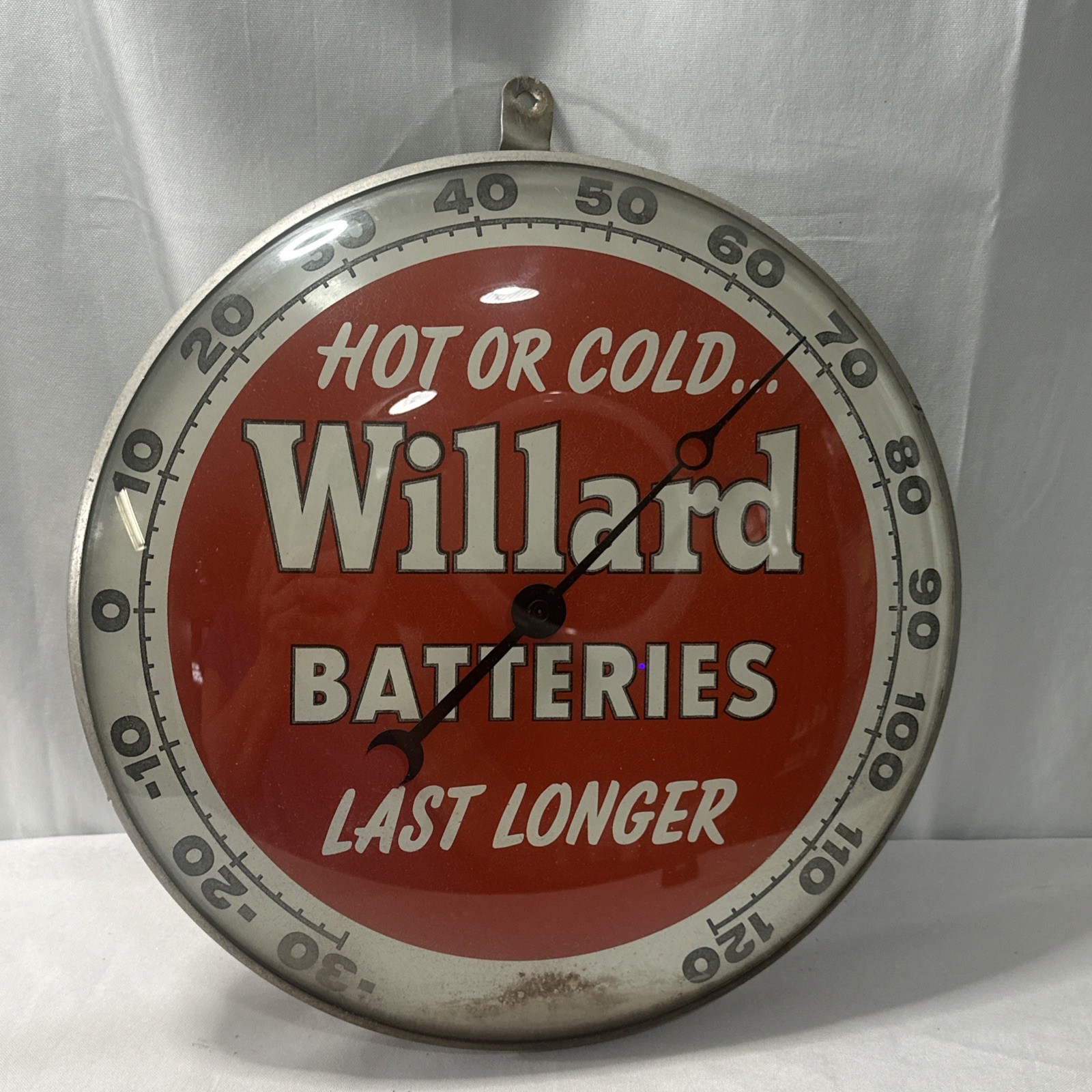Vintage 1950’s Willard Batteries Hot Or Cold 12” Round Bubble Wall Thermometer 