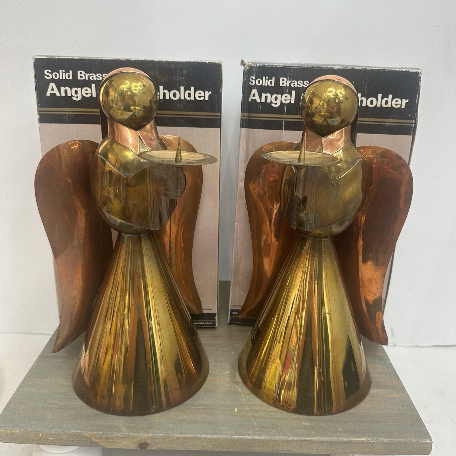 Set Of 2 Vintage 12” Large Brass & Copper Angel Candle Holder Christmas In Boxes Set Of 2 Vintage 12” Large Brass & Copper Angel Candle Holder Christmas In Boxes