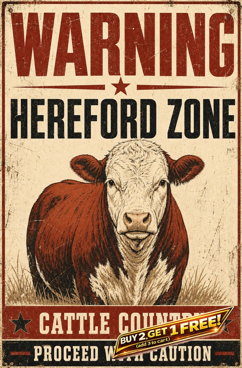 Warning Hereford Cow Sign Humorous Farm Yard Pasture Security Metal Plaque