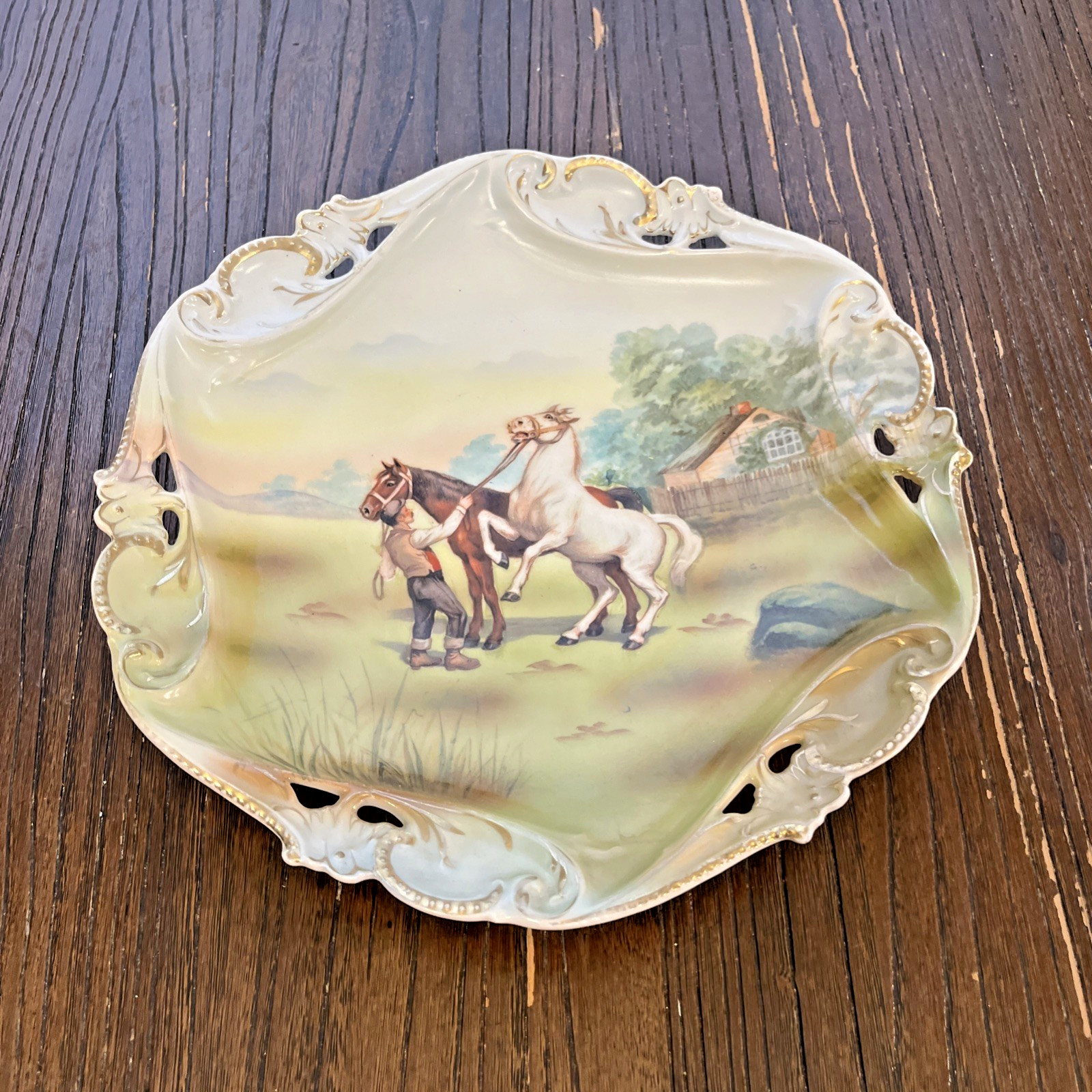 Royal Bayreuth Scalloped Gold Trim Hand Painted Cabinet Plate Horse & Farmer 9